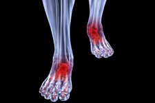 Human feet under X-rays. joints are shown in red. isolated on black.